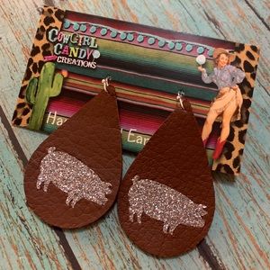 Stock Show Pig Brown Silver Leather Earrings NEW